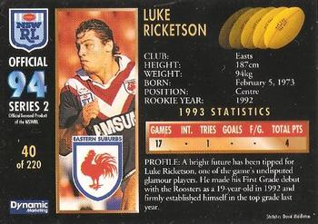 1994 Dynamic Rugby League Series 2 #40 Luke Ricketson Back